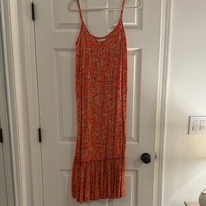 O'Neill Orange Floral Midi Dress with Ruffle Bottom, Adjustable Straps, Size S